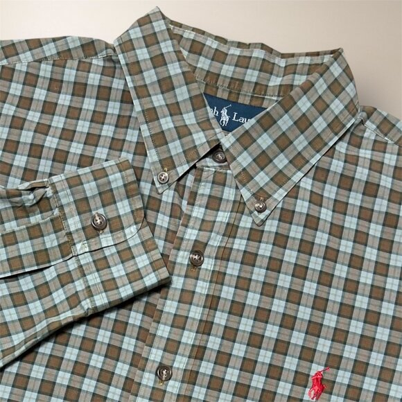 Ralph Lauren Men's L Custom Fit Brown Blue Plaid Long Sleeve Button Down Shirt - Picture 1 of 7